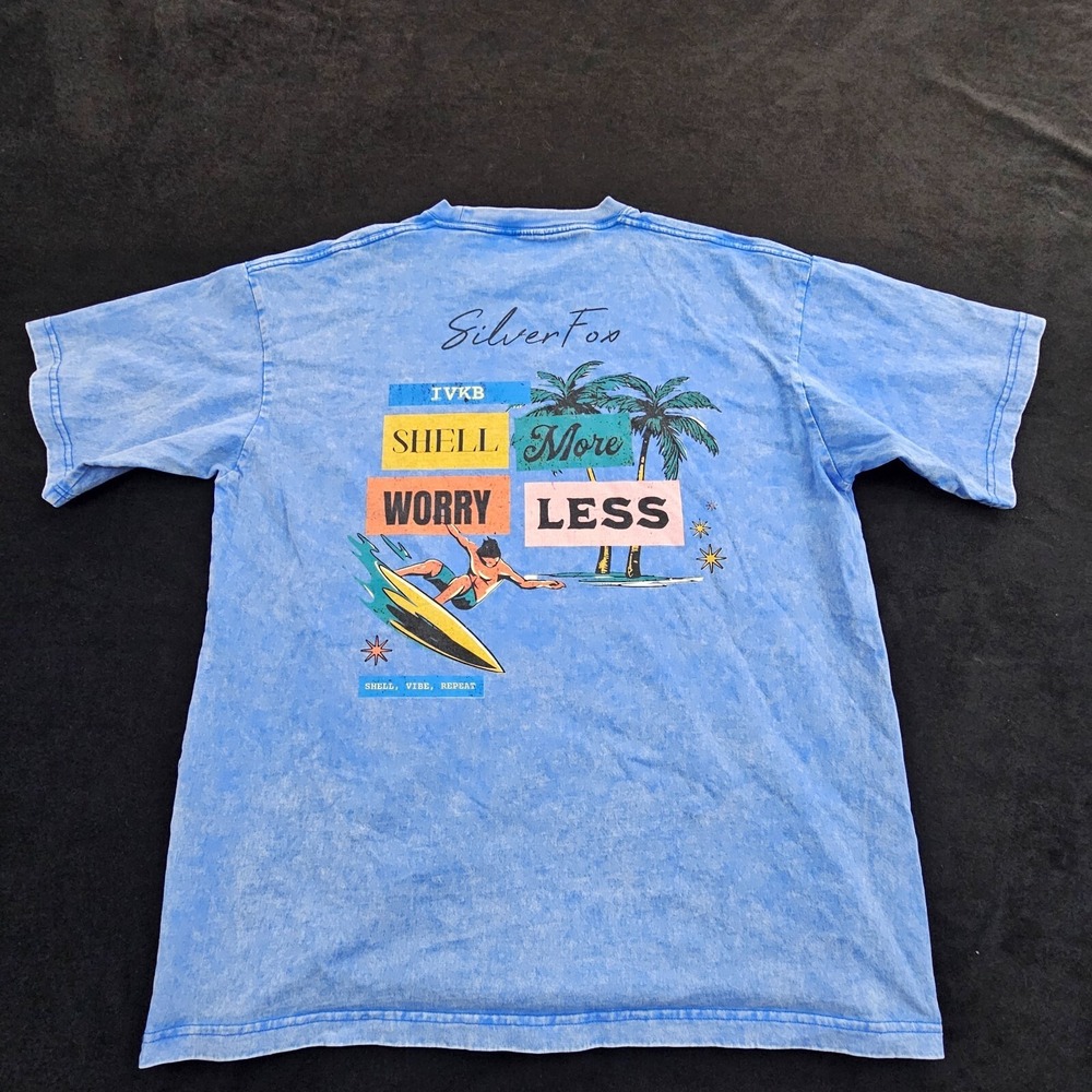Shell More Worry Less Silver Fox Blue Short Sleeve Cotton T-Shirt‎ Men's XL